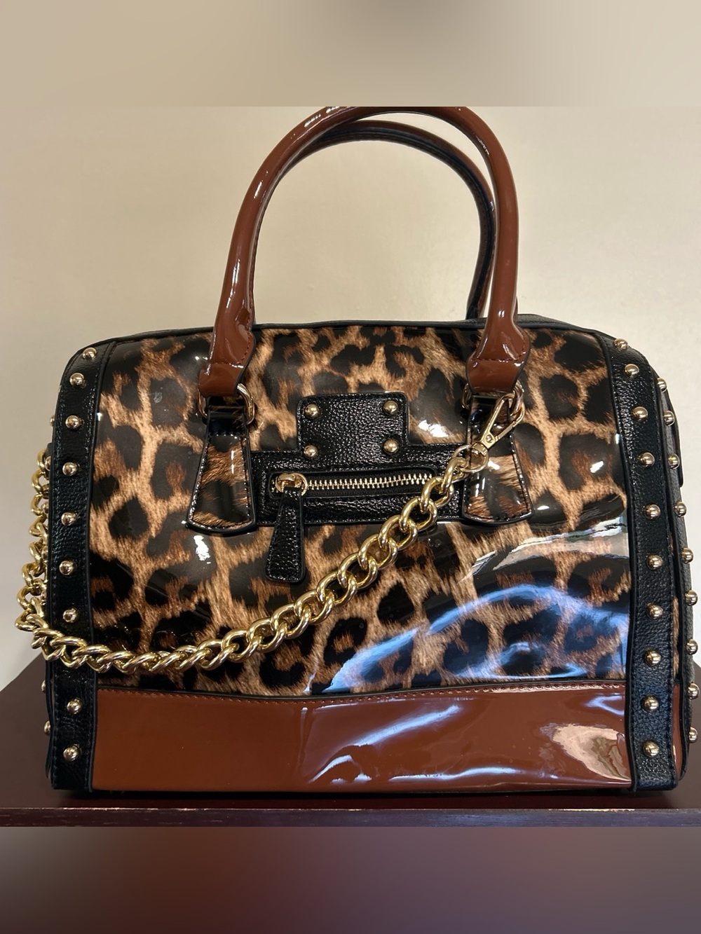 Leopard Print Patent Satchel with Brown Trim and Gold Chain